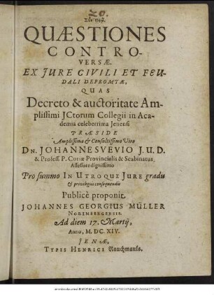 Quaestiones Controversae : Ex Iure Civili Et Feudali Depromtae