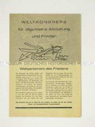 Propagandaflugblatt zum Weltkongress für allgemeine Abrüstung und Frieden