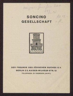 Mitteilung der Soncino-Gesellschaft an ihre Mitglieder betreffend den Jahresbeitrag 1931