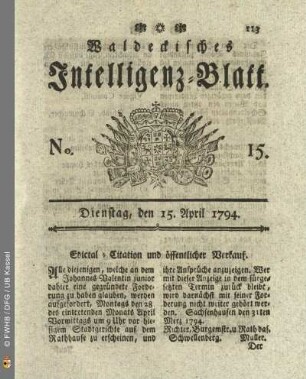 No. 15. Dienstag, den 15. April 1794