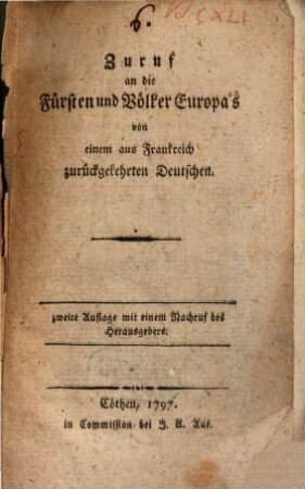 Zuruf an die Fürsten und Völker Europens