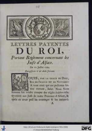 Lettres Patentes Du Roi, Portant Réglement concernant les Juifs d'Alsace.