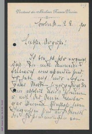 Brieffragment von Unbekannt an Auguste Schmidt