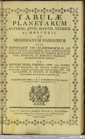Tabulae Planetarum Saturni, Jovis, Martis, Veneris et Mercurii Ad Meridianum Parisinum