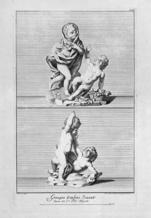 Lindemann, Christian Philipp (Stecher) und Werner, Anna Maria (Zeichnerin) nach Algardi, Alessandro (Bildhauer): Groupes d'enfens Jouent, Abb. 222. Kupferstich; 403 x 250 mm (Plattenrand). Aus: Leplat, Raymond: Recueil des marbes antiques qui se trouvent dans la Galerie du Roy de Pologne à Dresden avec privilege du roy, l'année 1733. Dresden: Stössel, 1733. Dresden: SLUB 31.gr.2.1