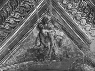 Ausmalung der Camera degli Sposi — Deckenmalereien — Stichkappe mit Szene aus dem Mythos von Herakles: Herakles ringt mit Antaeus