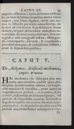 Caput V. De Alchymia Artificiali mechanica, simplici & mixta