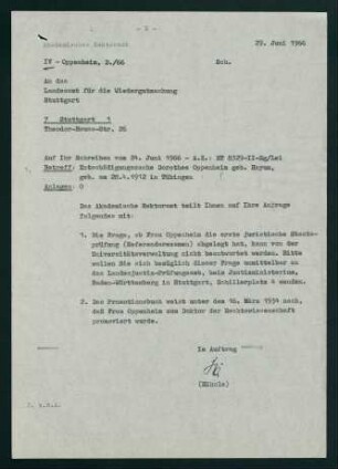 Korrespondenz bezügl. Entschädigungssache Dorothee Oppenheim; Bitte um Auskunft (1966)