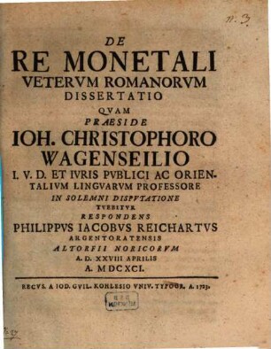 De Re Monetali Vetervm Romanorvm Dissertatio