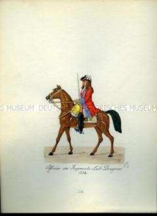 Uniformdarstellung, Offizier des Leib-Dragoner-Regiments zu Pferd, 1712. Aus: Sammelmappe "Sachsens Militär", Königliche Arsenalsammlung.