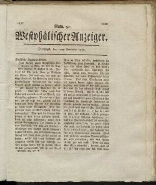 Num. 90. Westphälischer Anzeiger. Dienstags, den 12ten November 1799. - Num. 92. Westphälischer Anzeiger. Dienstags, den 19ten November 1799.
