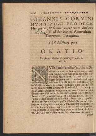 Johannis Corvini Hunniadae Pro Regis Hungariae ... Ad Milites Suos Oratio.