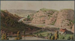Blick in den Plauenschen Grund nach Süden mit der Buschmühle, der Hegereiterbrücke, dem Forsthaus (Hegereiterhaus) und dem Wasserschlösschen