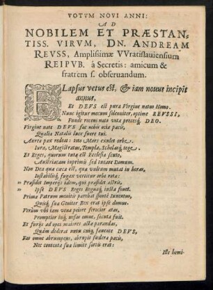 Votum Novi Anni: Ad Nobilem Et Praestantiss. Virum, Dn. Andream Reuss ...