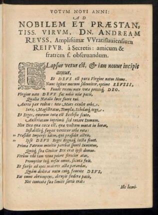 Votum Novi Anni: Ad Nobilem Et Praestantiss. Virum, Dn. Andream Reuss ...