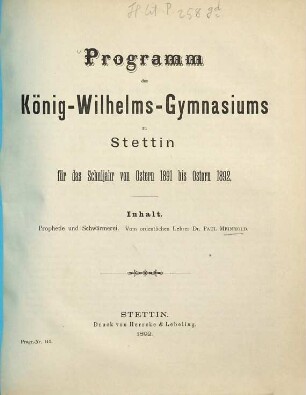 Programm des König-Wilhelms-Gymnasiums zu Stettin : für das Schuljahr von Ostern ... bis Ostern .... 1891/92