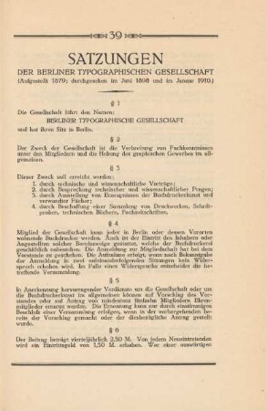 Satzungen der Berliner Typographischen Gesellschaft