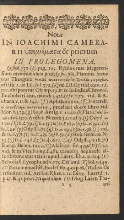 Notae In Ioachimi Camerarii Hypomnemata & primum In Prolegomena