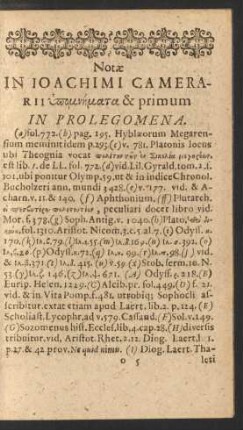Notae In Ioachimi Camerarii Hypomnemata & primum In Prolegomena