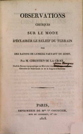 Observations critiques sur le mode d'éclairer le relief du terrain par des rayons de lumière partant du zénit