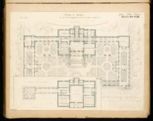 Villa für einem Junggesellen Monatskonkurrenz Januar 1878: Lageplan mit Grundriss Erdgeschoss, Obergeschoss 1:150; Maßstabsleiste