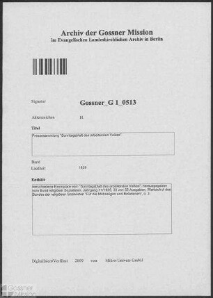 Pressesammlung "Sonntagsblatt des arbeitenden Volkes"