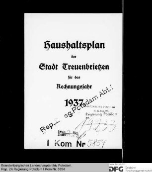 Haushaltsplan der Stadt Treuenbrietzen für das Rechnungsjahr 1937