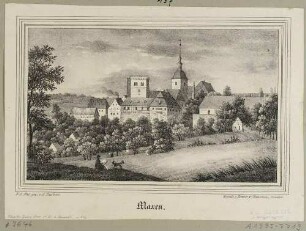Ortsansicht von Maxen (Müglitztal) von Osten mit dem Schloss und dem Kirchturm dahinter, aus Sachsens Kirchen-Galerie von Hermann Schmidt, 1. Ansicht