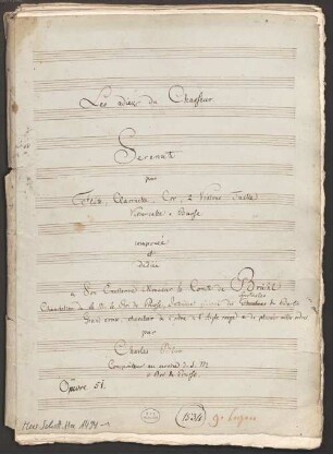 Les adieux du Chasseur, orch, op. 51, F-Dur - BSB Mus.Schott.Ha 1494-1 : [cover title:] Les adieux du Chasseur // Serenate // pour // Flute, Clarinette Cor // 2 Violons Taille // Violoncelle e Basse // composeé // et // dedieé // a Son Excellence Monsieur le Comte de Brühl // Chambellan de Sa M. le Roi de Prusse, Intendant général des [crossed out: Theatres] [added:] Spectacles de Berlin // Grand eroix, chevalier de l'ordre de l'Aigle rouge & de plusieurs autres ordres. // par // Charles Blum // Compositeur au service d. S. M // le Roi de Prusse. // Oeuvre 51.