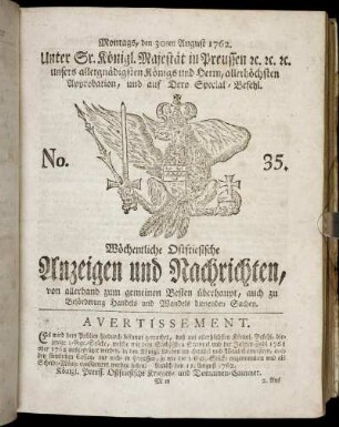 No. 35. Montags, den 30ten August 1762.