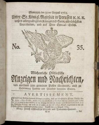 No. 35. Montags, den 30ten August 1762.