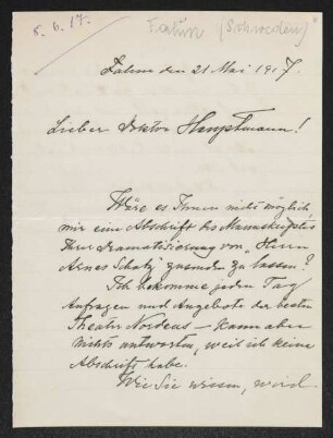 Brief von Selma Lagerlöf an Gerhart Hauptmann