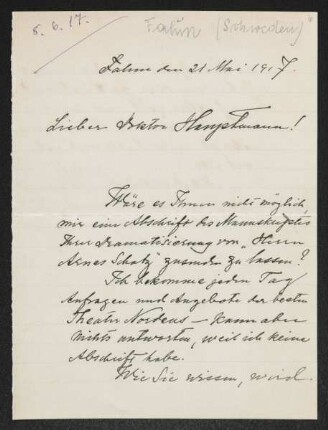Brief von Selma Lagerlöf an Gerhart Hauptmann