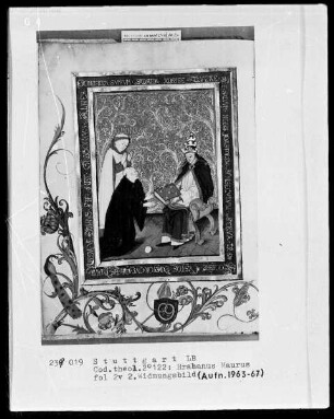 Zwei Schriften — De laudibus Sanctae Crucis — Der Autor übergibt sein Werk Papst Gregor 4., Folio 2verso