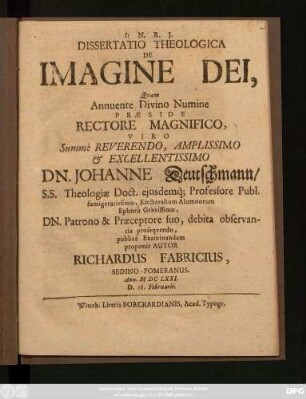 Dissertatio Theologica De Imagine Dei