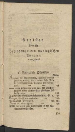 Register über die Beylagen zu den theologischen Annalen