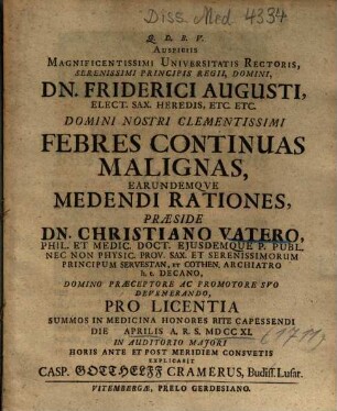 Febres Continuas Malignas, Earundemqve [Earundemque] Medendi Rationes