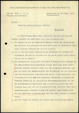 M. Wegner an DAI Athen