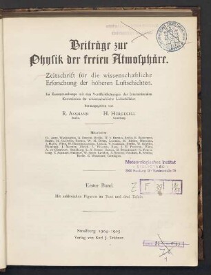 1.1904/05: Beiträge zur Physik der freien Atmosphäre : Zeitschr. für d. Erforschung d. höheren Luftschichten u. d. Strömungsersch. in d. Atmosphäre