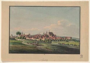 Stadtansicht von Freiberg in Sachsen von Norden, von links nach rechts Donatsturm, alte Jakobikirche, Nikolaikirche, Rathausturm, Stadtkirche St. Petri, Dom St. Marien und Schloss Freudenstein, aus Richters "70 Mahlerischen An- und Aussichten ..."