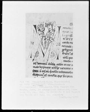 Initiale M mit Rupert von Deutz und Cuno von Siegburg; cod. membr. XXX: Rupert von Deutz, Comm. in Evangelium Johannis, Folio 1verso