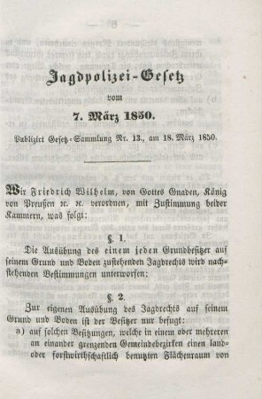 Jagdpolizei-Gesetz vom 7. März 1850.