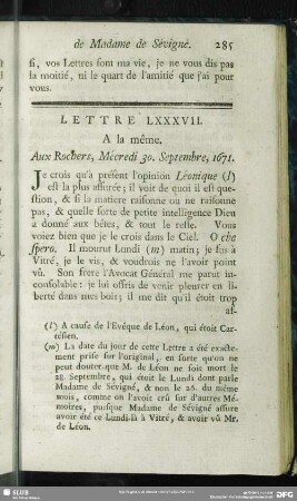 Lettre LXXXVII. A la même. Aux Rochers, Mécredi 30. Septembre, 1671