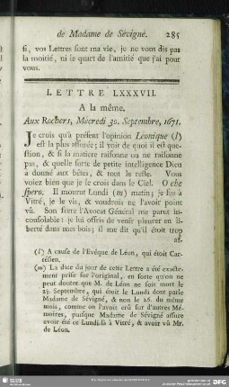 Lettre LXXXVII. A la même. Aux Rochers, Mécredi 30. Septembre, 1671