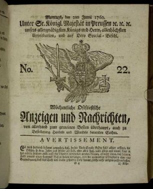 No. 22. Montags, den 2ten Junii 1760.
