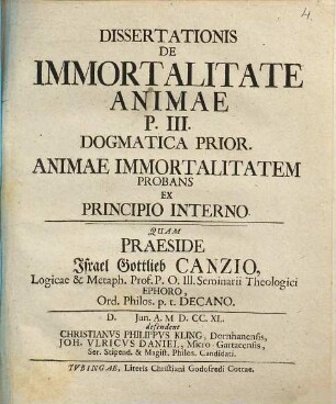 Dissertationis de immortalitate animae, Pars 3. Dogmatica prior, animae immortalitalem probans ex principio interno