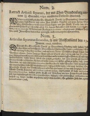 Num. 2. Extract Articuli separati, der mit Chur-Brandenburg unterm 13/23 Decembr. 1692 errichteten Defensiv-Bündniß