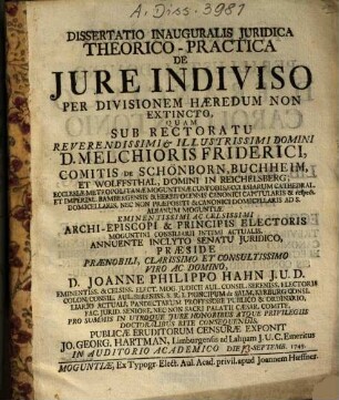 Dissertatio inauguralis juridica De jure indiviso per divisionem haeredum non extincto