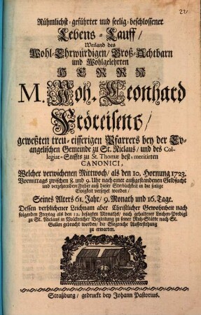 Rühmlichst geführter Lebenslauf weyland Johann Leonhard Fröreisen's Pfarrers zu Straßburg