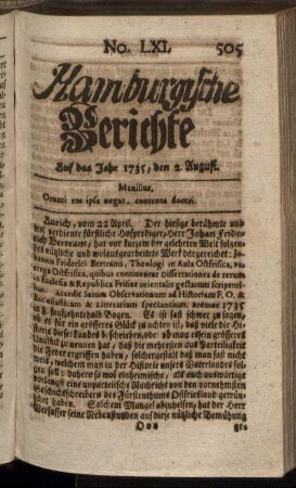 No. LXI. Auf das Jahr 1735, den 2. August. - No. LXIX. Auf das Jahr 1735, den 30. August.